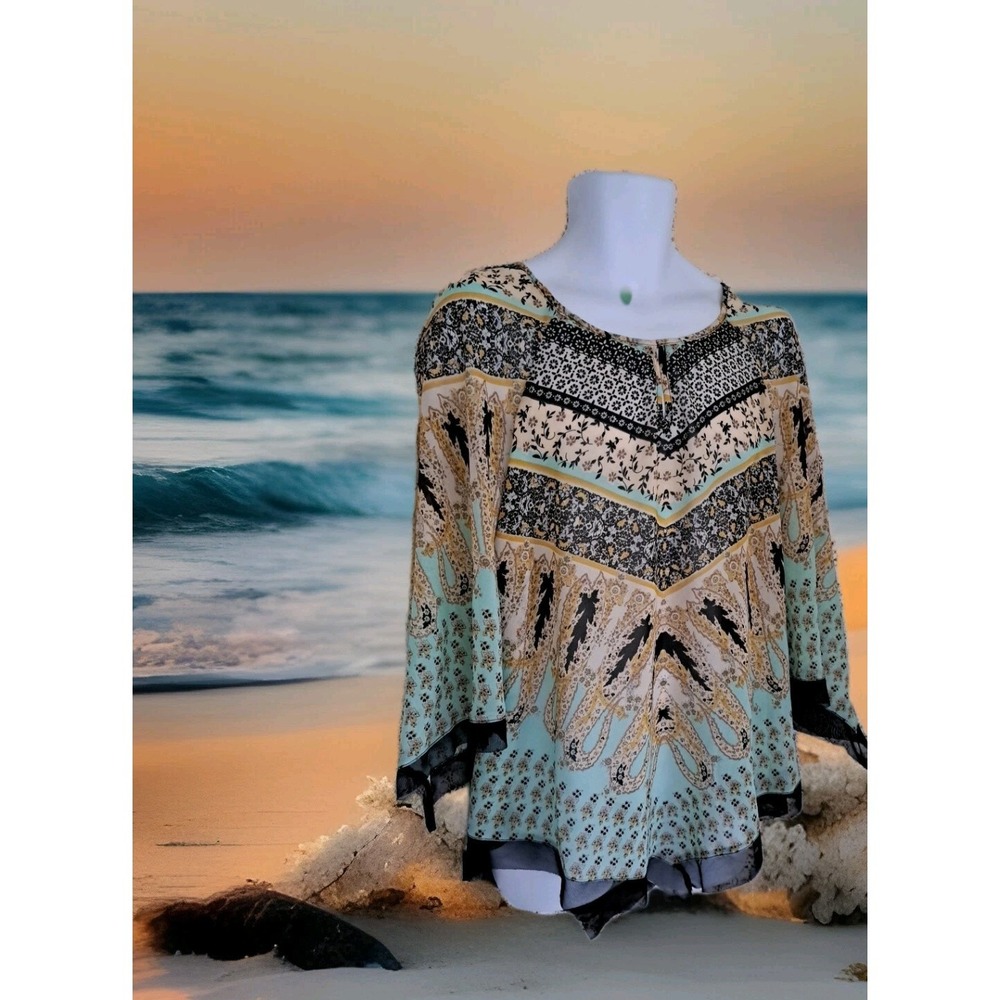 Unique Spectrum Sheer Top 3X‎ Multicolor Popover Handkerchief Hem Keyhole Boho